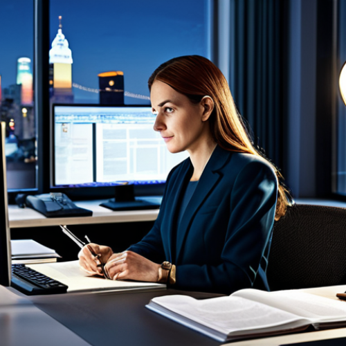 **

"A professional journalist, fully clothed in modest attire, sitting at a desk in a modern newsroom. She is working on a computer, surrounded by books and papers. The background shows a city skyline at night. Safe for work, appropriate content, perfect anatomy, natural proportions, professional, high quality, family-friendly."

**