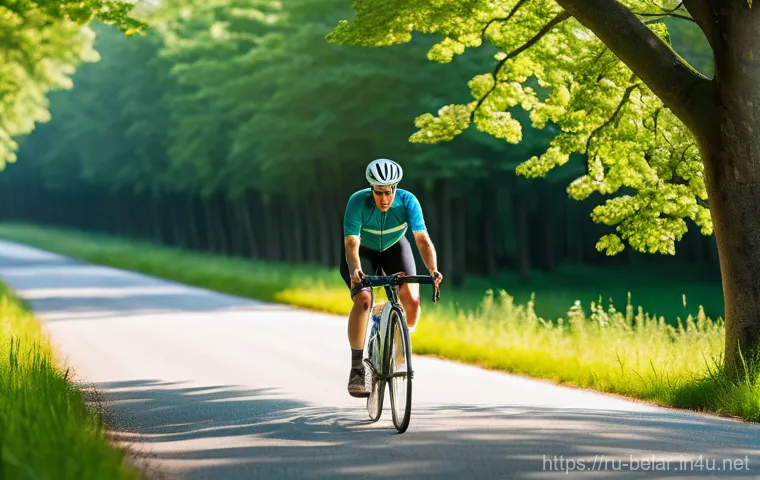 벨라루스에서의 자전거 여행 코스 - **Prompt:** A solo male or female cyclist in their late 20s to early 40s, wearing a practical and co...