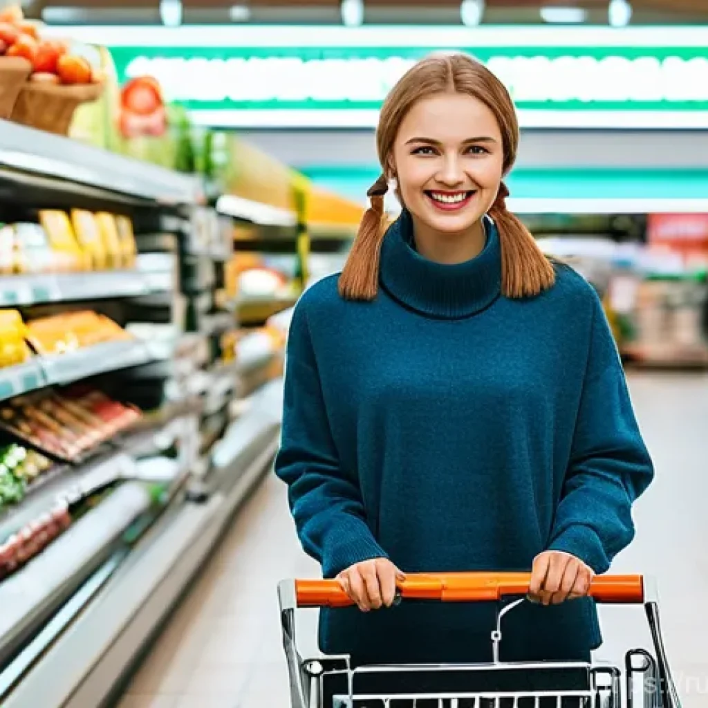 벨라루스 환전 및 화폐 사용법 - **A modern traveler using a Mir card in a Belarusian supermarket.**
    "A confident female traveler...