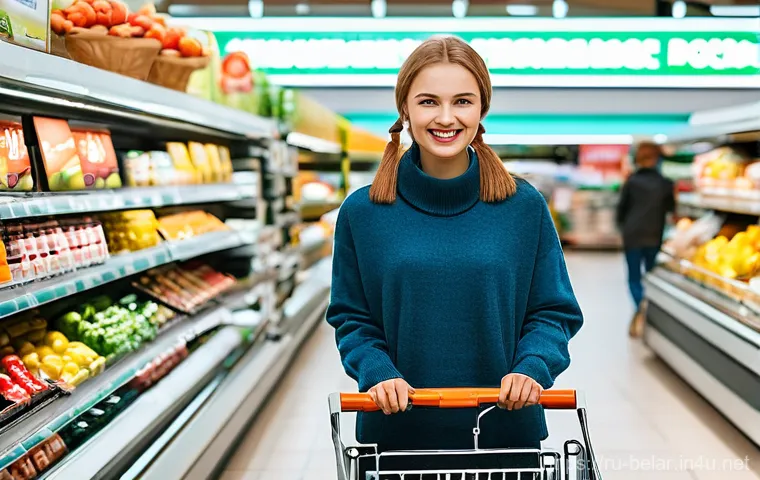 벨라루스 환전 및 화폐 사용법 - **A modern traveler using a Mir card in a Belarusian supermarket.**
"A confident female traveler...