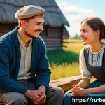 Home 22 벨라루스어와 러시아어 비교 - A detailed illustration of two people having a friendly conversation in a cozy Belarusian village se...