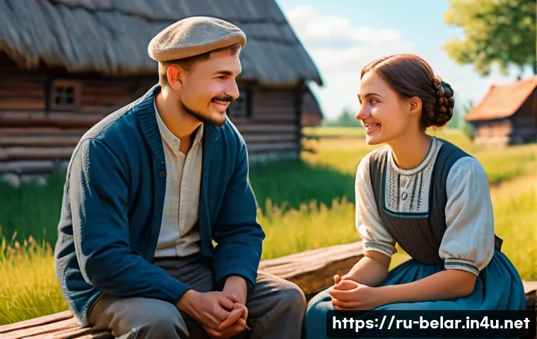 벨라루스어와 러시아어 비교 - A detailed illustration of two people having a friendly conversation in a cozy Belarusian village se...