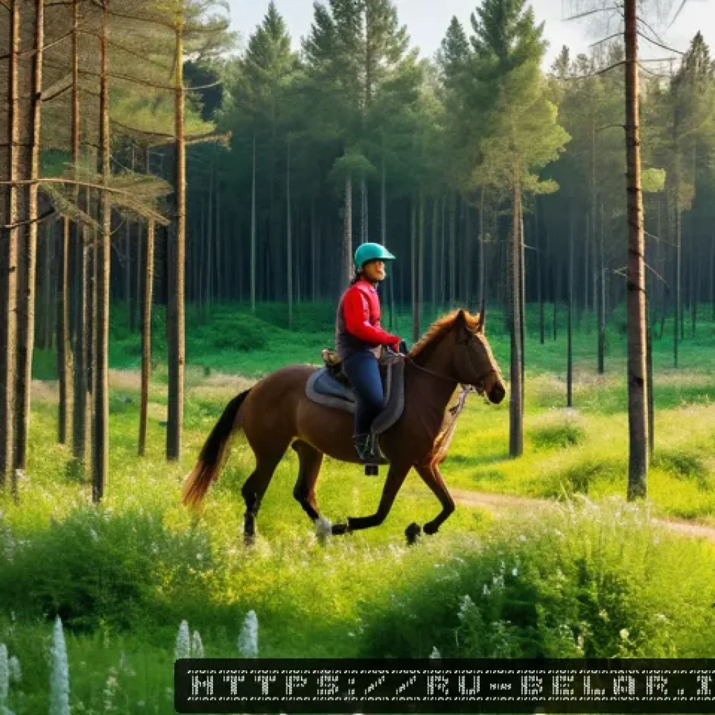 벨라루스에서의 승마 체험 - A serene forest trail in Belarus during spring, with a person riding a calm horse wearing comfortabl...