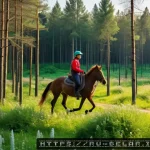 Home 20 벨라루스에서의 승마 체험 - A serene forest trail in Belarus during spring, with a person riding a calm horse wearing comfortabl...