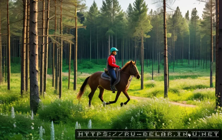 벨라루스에서의 승마 체험 - A serene forest trail in Belarus during spring, with a person riding a calm horse wearing comfortabl...