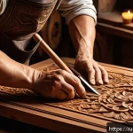 Home 19 벨라루스에서의 전통 공예품 - A traditional Belarusian wooden workshop scene featuring skilled artisans carving intricate patterns...