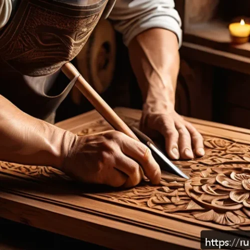 Home 31 벨라루스에서의 전통 공예품 - A traditional Belarusian wooden workshop scene featuring skilled artisans carving intricate patterns...