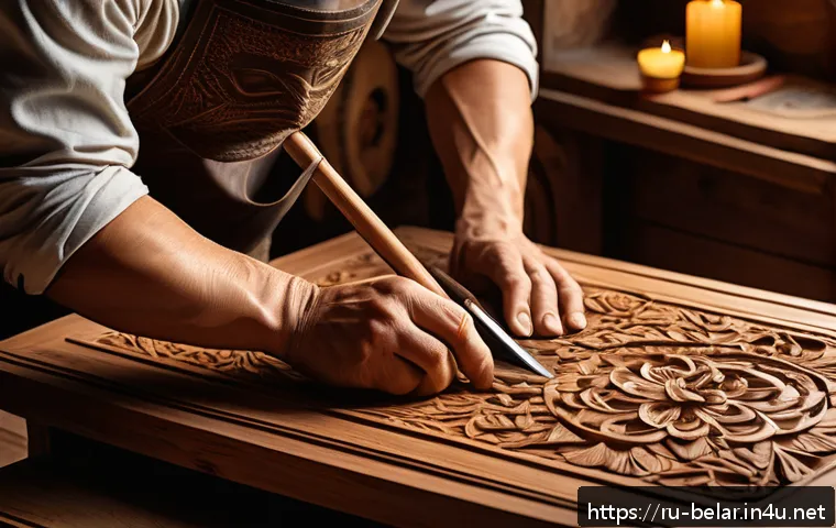 벨라루스에서의 전통 공예품 - A traditional Belarusian wooden workshop scene featuring skilled artisans carving intricate patterns...