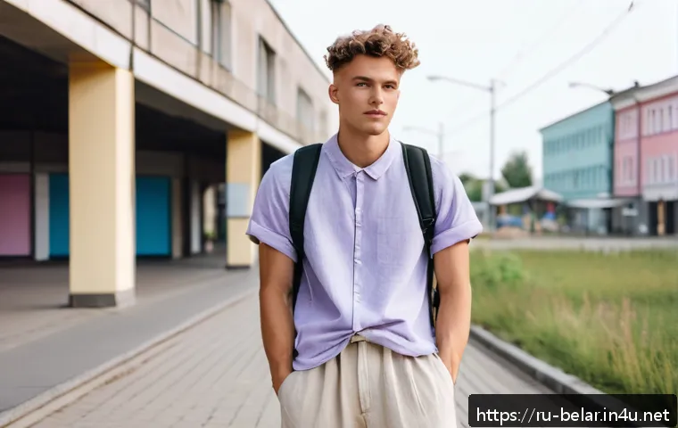 벨라루스에서의 미용 및 패션 트렌드 - A modern Belarusian street fashion scene featuring a young adult wearing a minimalist outfit made fr...