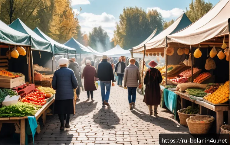 벨라루스에서 유명한 전통 시장 - A bustling Belarusian outdoor market scene in early autumn, featuring colorful stalls laden with fre...
